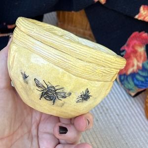Bees on a Small Yellow Pottery Sauce or Snack Bowl